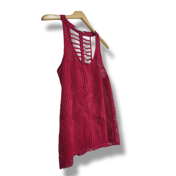 🌿Maurices Women's Medium Burgundy Lace Brocade Racerback Lattice Sleeveless Top - Picture 6 of 12